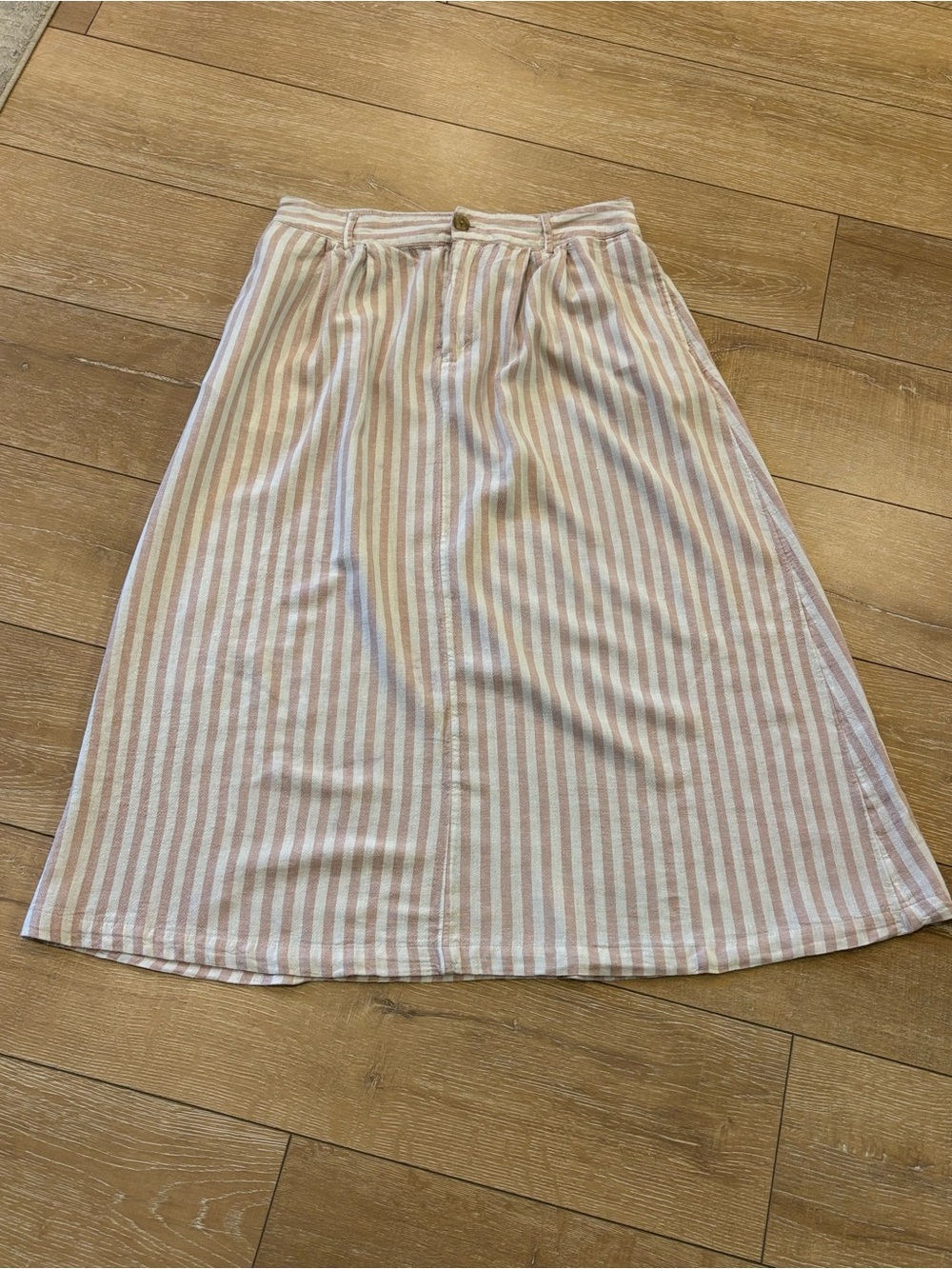 A New Day Pink White Striped Linen Blend Midi Skirt Women’s Large A-Line - Picture 2 of 9